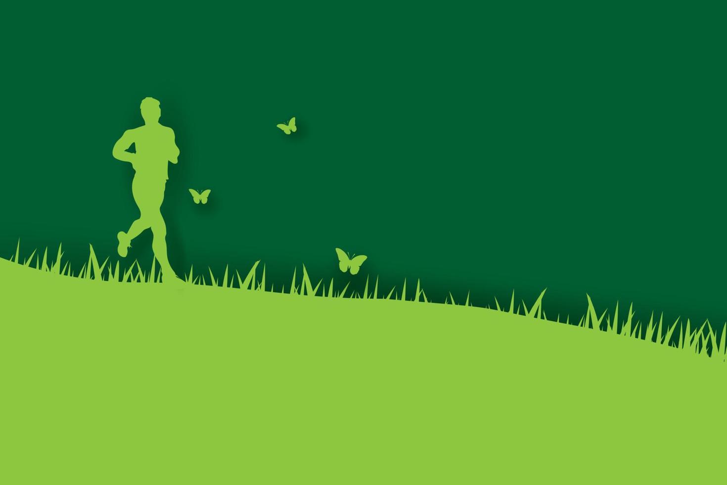 3d papel Arte y arte de joven corredores trotar en parque en verde antecedentes con verde hierba.hombre contento relajarse al aire libre parque jardín tener naturaleza mariposas volador alrededor.tomar cuidado de tu salud.vector vector
