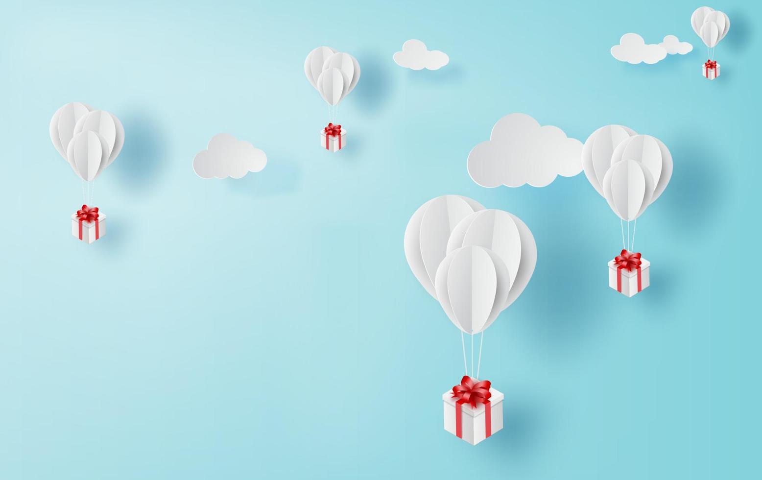 3D paper art and craft of balloon white floating on sky,Balloon with Gift Box Floating on air blue background,happy new years and merry Christmas,Festival enjoy concept,Color use pastel sweet vector