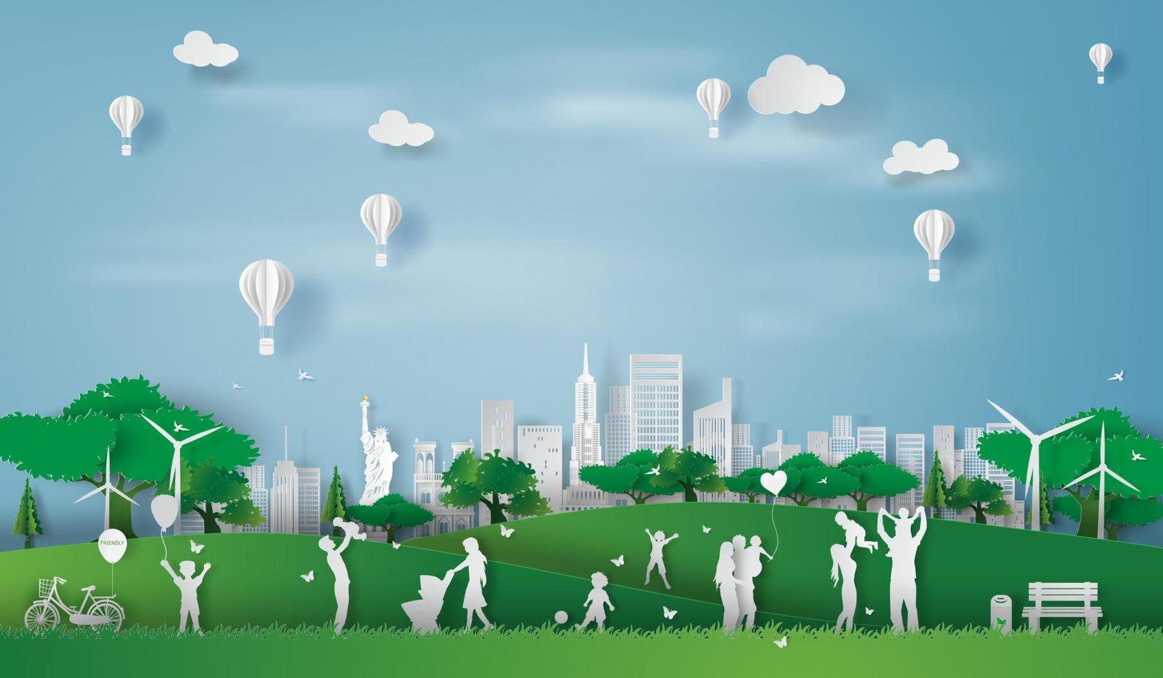 Paper art style of eco landscape in the New York City America with happy family having fun,People big family enjoy fresh air in outdoor park,illustration idea design ecology paper cut concept vector. vector