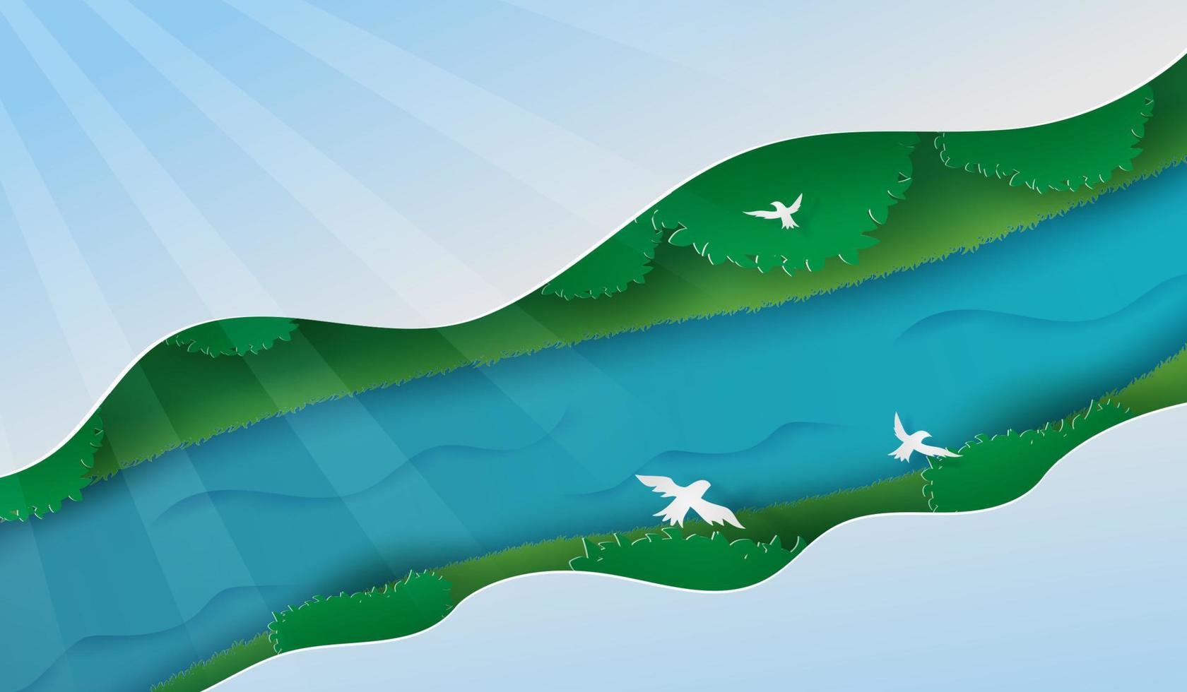 ilustración papel Arte de paisaje en parte superior ver naturaleza por arboles y rio arriba ver verde bosque con río y nubes fondo.eco y ambiente papel cortar estilo creativo idea concepto, pájaro vector. vector