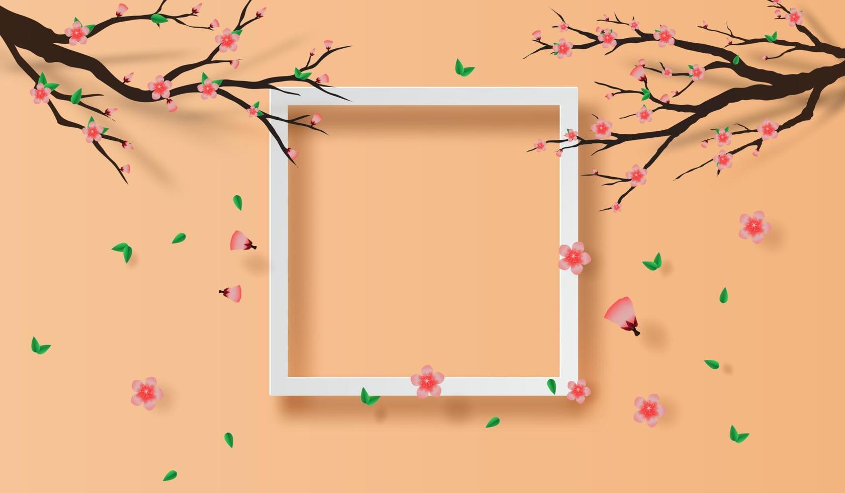 illustration of paper art and craft frame spring season cherry blossom concept,Springtime with sakura branch, Floral Cherry blossom with pink flowers on place text space background,Paper cut vector. vector