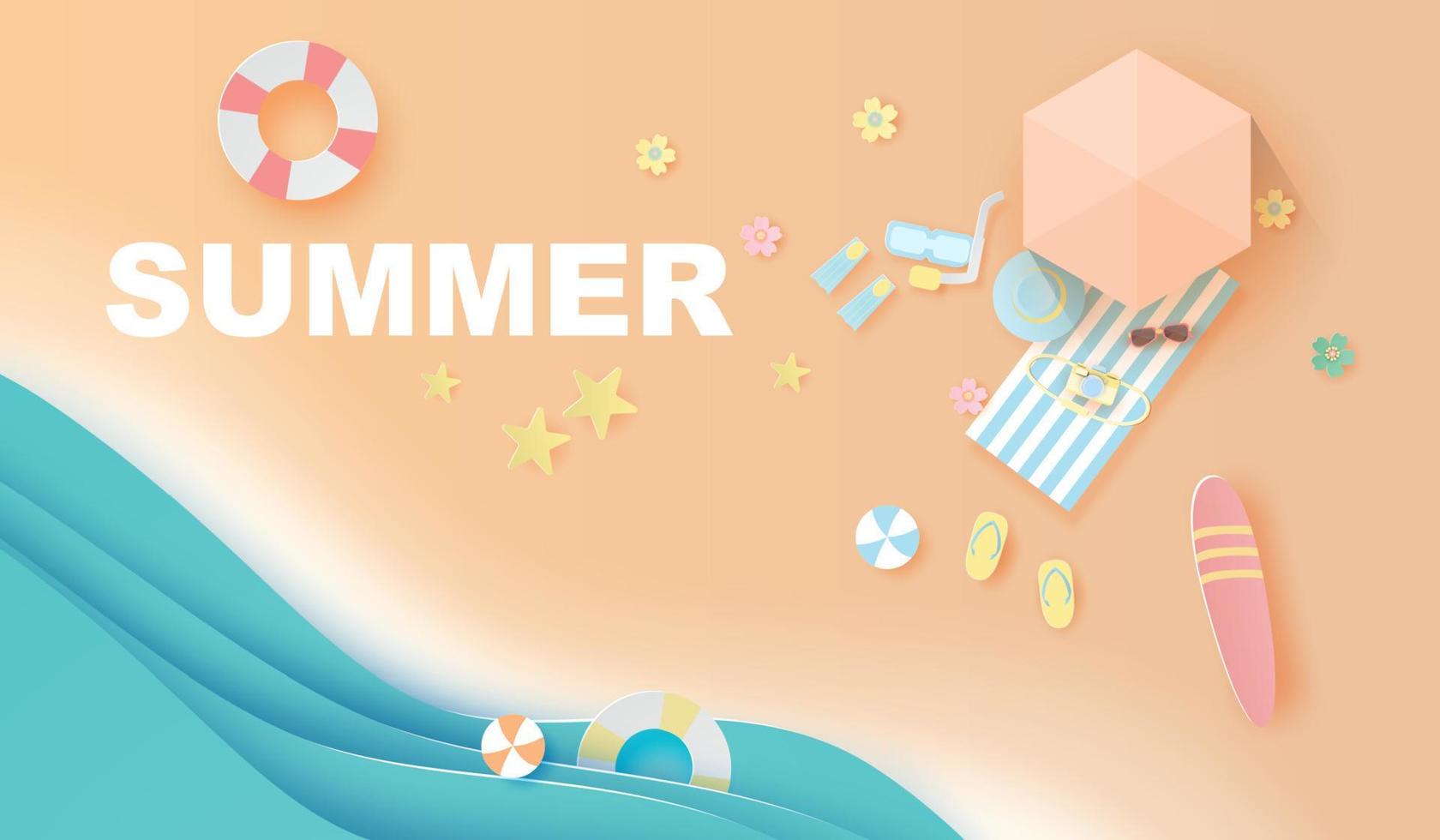 illustration of paper art and craft top view  travel summer season on the beach,Summer time for swimming equipment,Seaside with landscape pastel color tone background,Paper cut style digital vector. vector