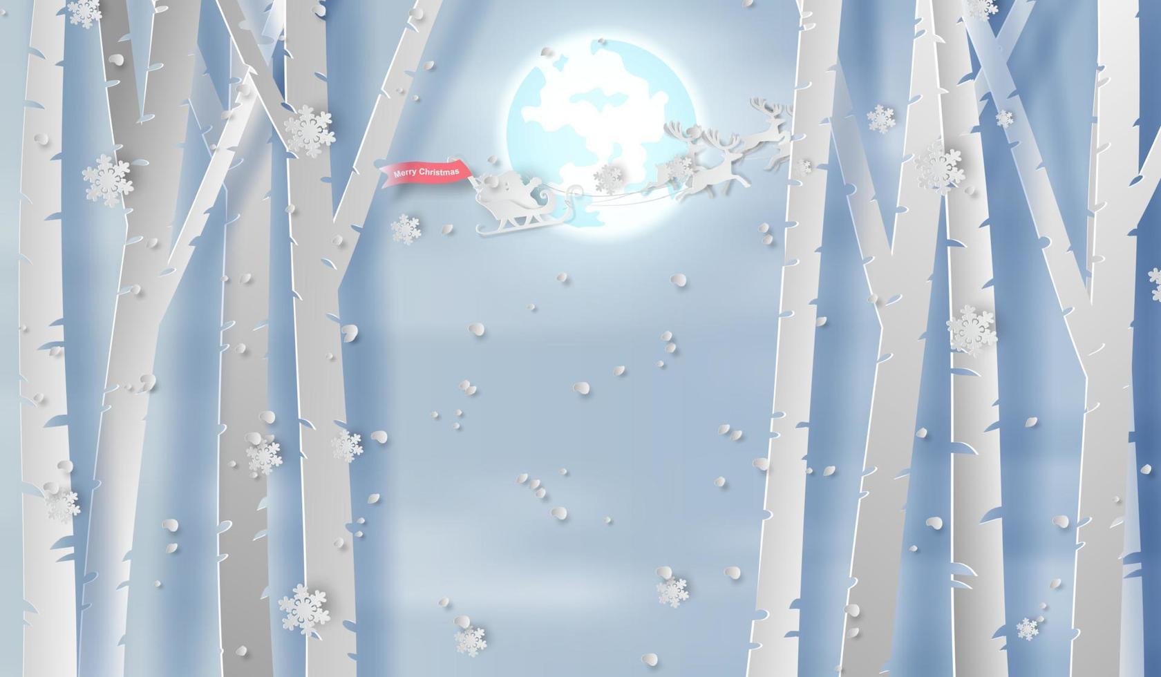 ilustración papel Arte y arte de alegre Navidad invierno estación. tiempo de Navidad con nevando lleno luna, paisaje blanco nieve bosque, papel cortar estilo creativo idea gráfico diseño para tarjeta, vector. vector