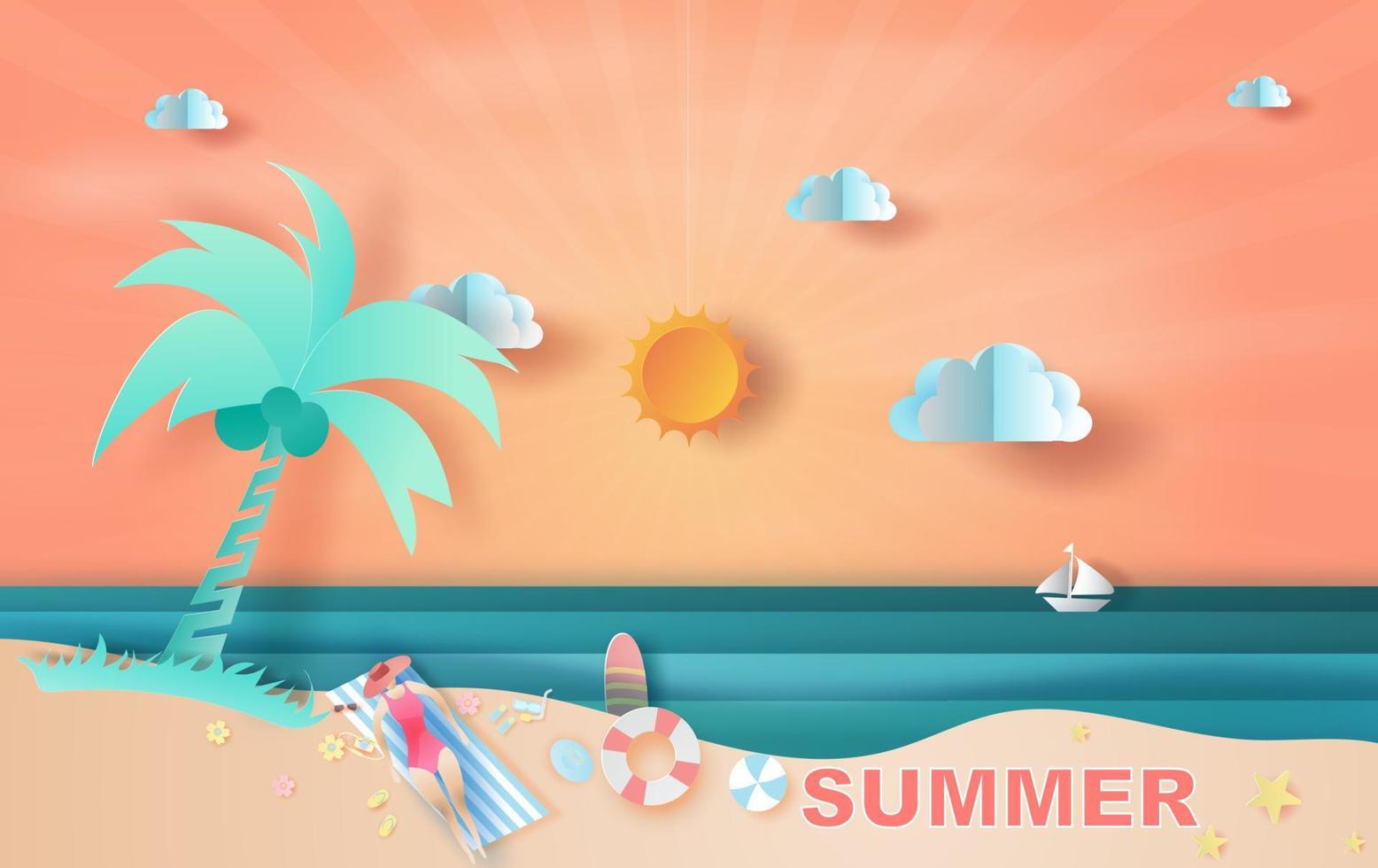 Paper art and craft of illustration summer sea view with sunset,summer time for swimming equipment,People vector