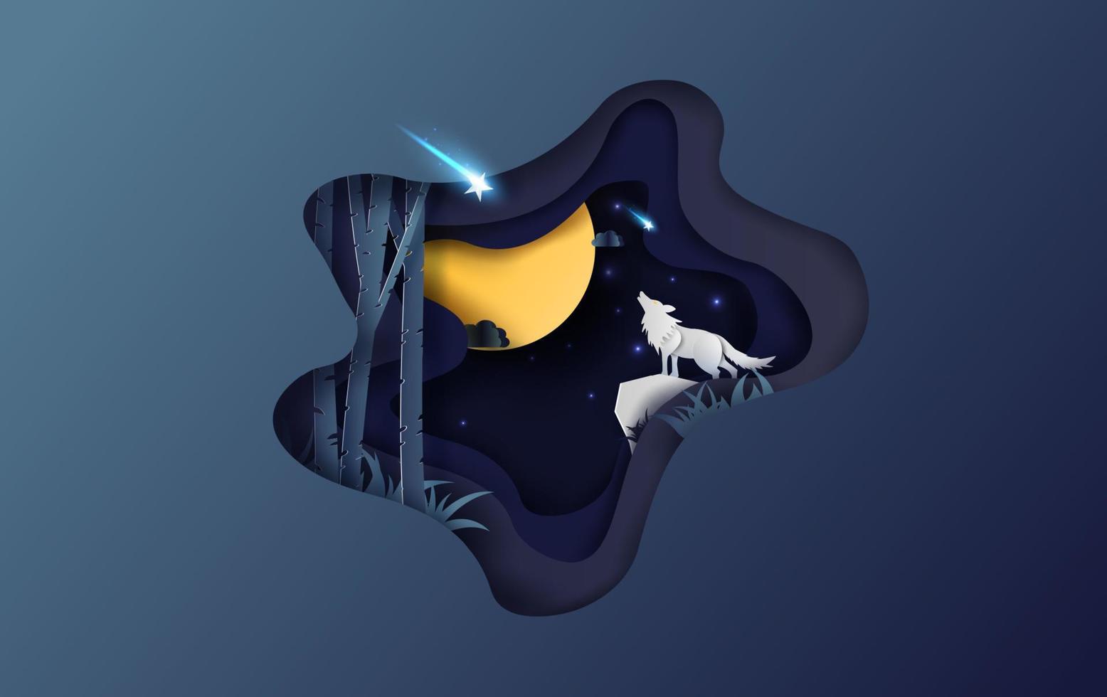 creativo diseño papel Arte de lleno Luna otoño con lobo clamoroso a noche tu texto espacio fondo invierno temporada para estrella otoño en noche cielo, papel cortar y arte por bosque en invierno oscuro, vectorial vector