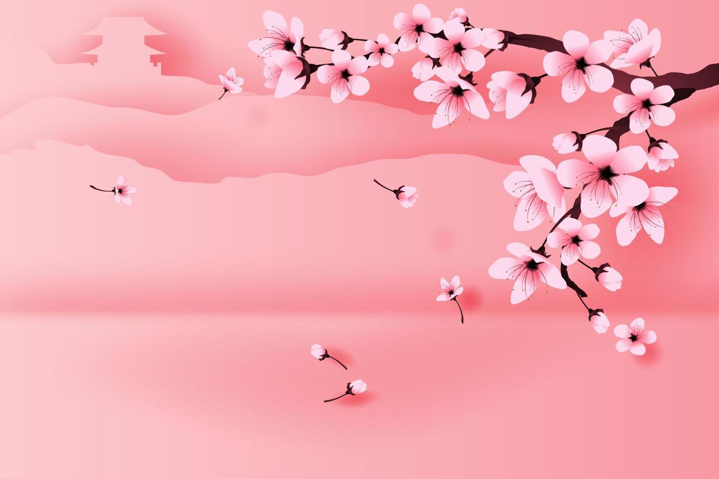 illustration of paper art and craft spring season temple on mountain by cherry blossom concept,Springtime with sakura branch, Floral Cherry blossom with landscape place text space background,vector. vector