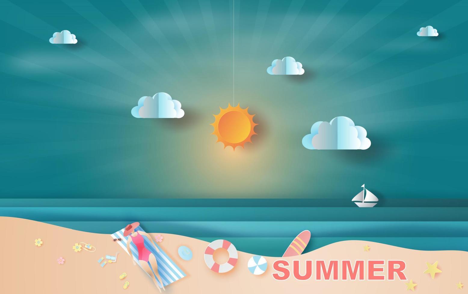 Paper art and craft of illustration summer sea view with sunlight,Summer time for swimming equipment,People vector