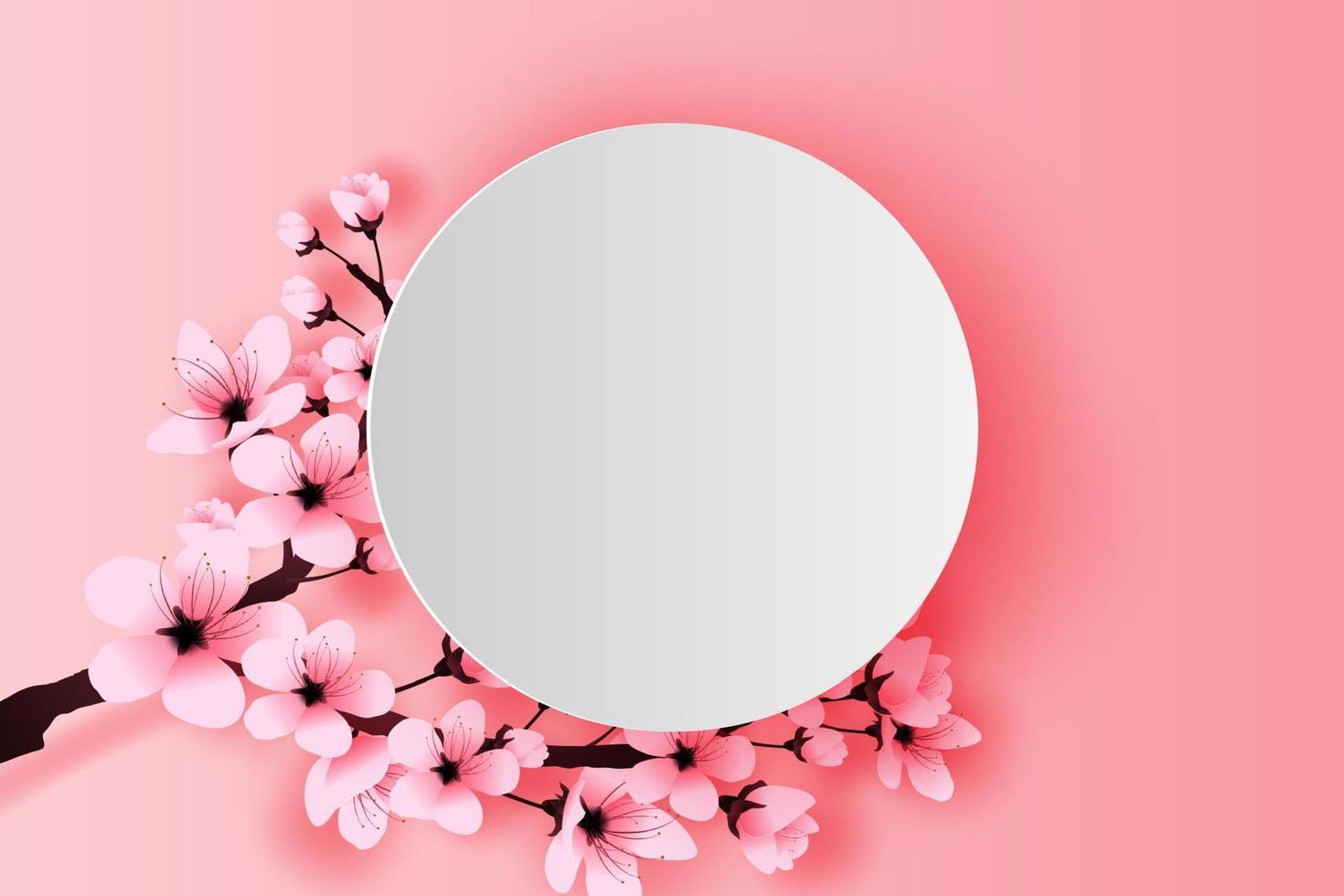 illustration of paper art and craft white circle spring season cherry blossom concept,Springtime with sakura branch, Floral Cherry blossom with pink flowers on place text space background,vector. vector