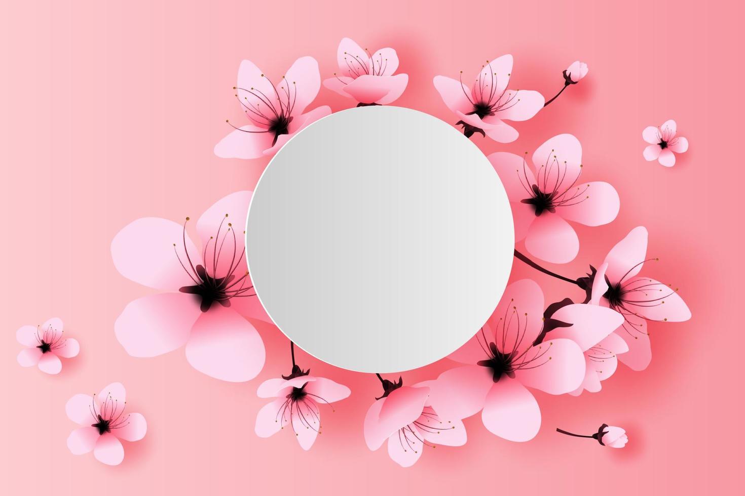illustration of paper art and craft white circle spring season cherry blossom concept,Springtime with sakura branch, Floral Cherry blossom with pink flowers on place text space background,vector. vector