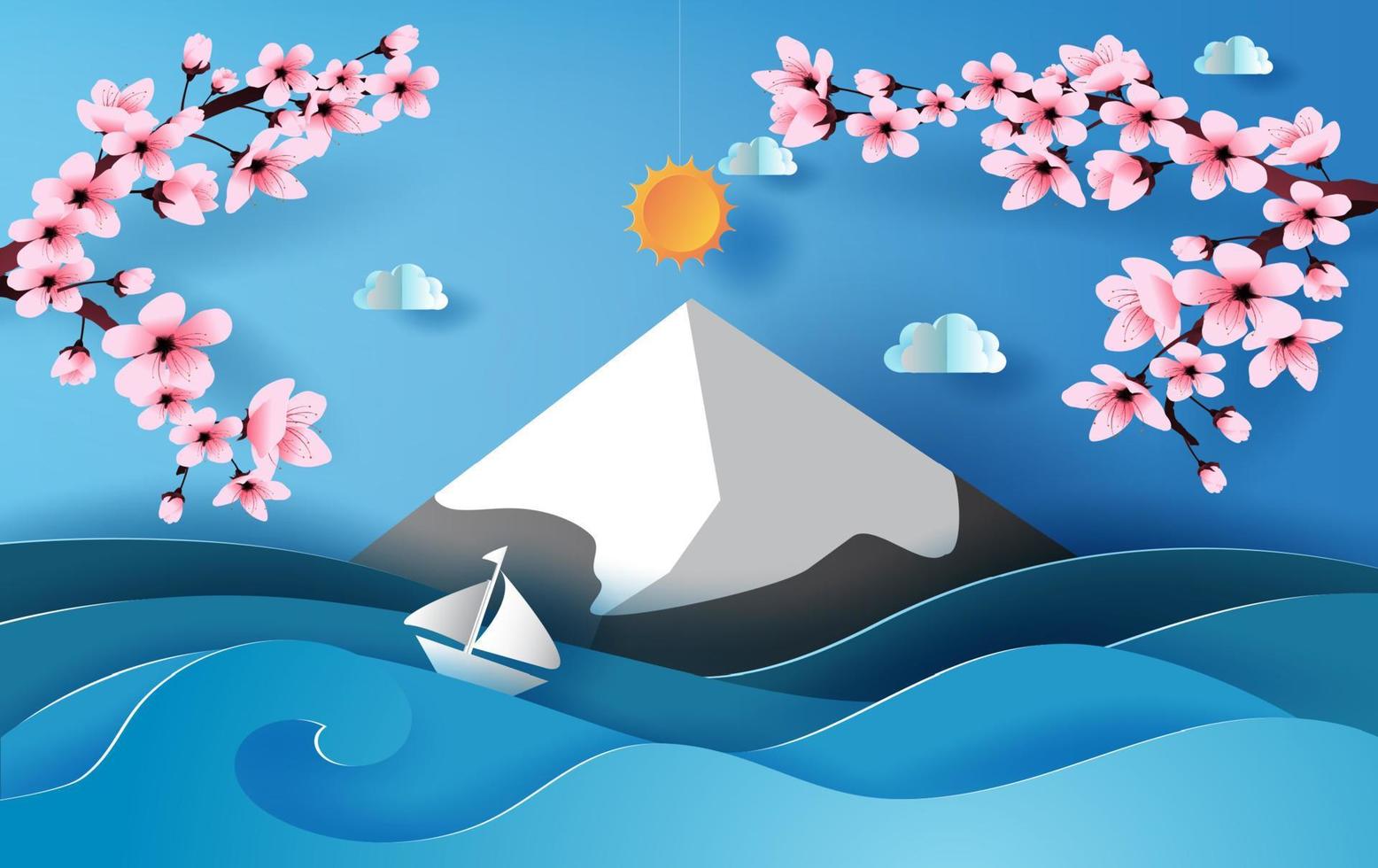 3D paper art of illustration Spring season sea view scene with sky and cloud,  Landscape snowy mountain for sakura branch or Floral Cherry blossom pink beautiful spring time,creative paper cut vector. vector