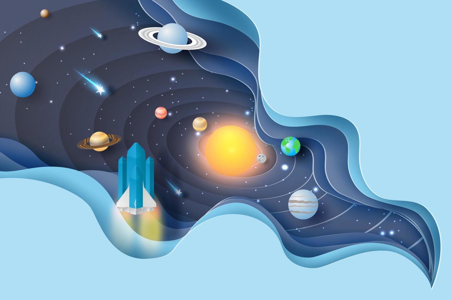 3d papel Arte de resumen curva ola con lanzamiento cohete puesta en marcha para solar sistema circulo.galaxia espacio explorador con satélite y planetas concepto en pastel color tono antecedentes ilustración vectorial vector