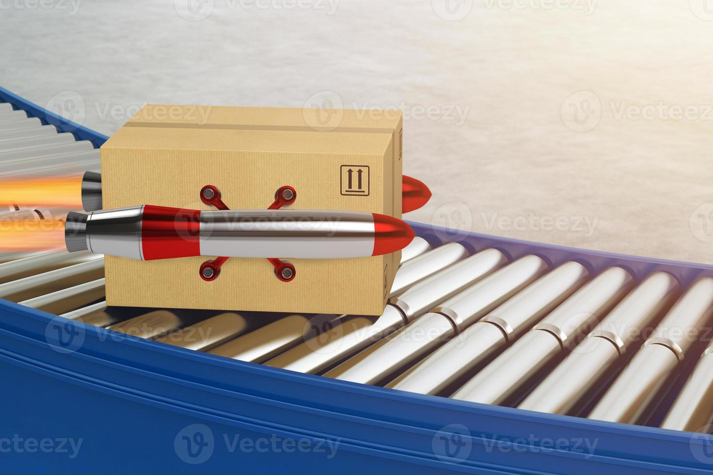 Package starts to fly fast like a rocket. concept of priority shipping. 3D Rendering photo
