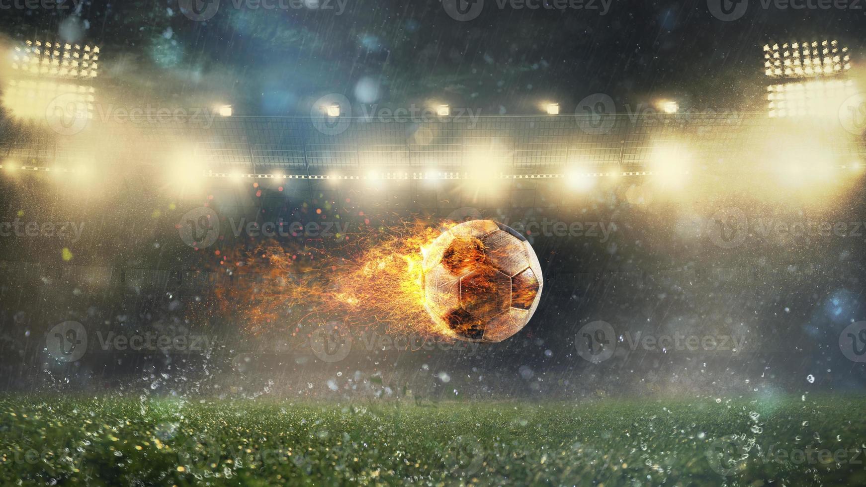 Close up of a fiery soccer ball kicked with power at the stadium photo