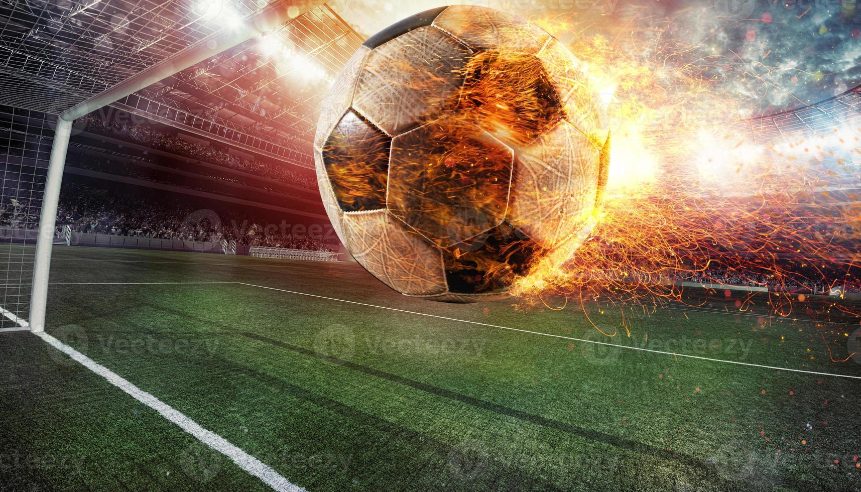 Close up of a fiery soccer ball kicked with power at the stadium scoring a goal photo