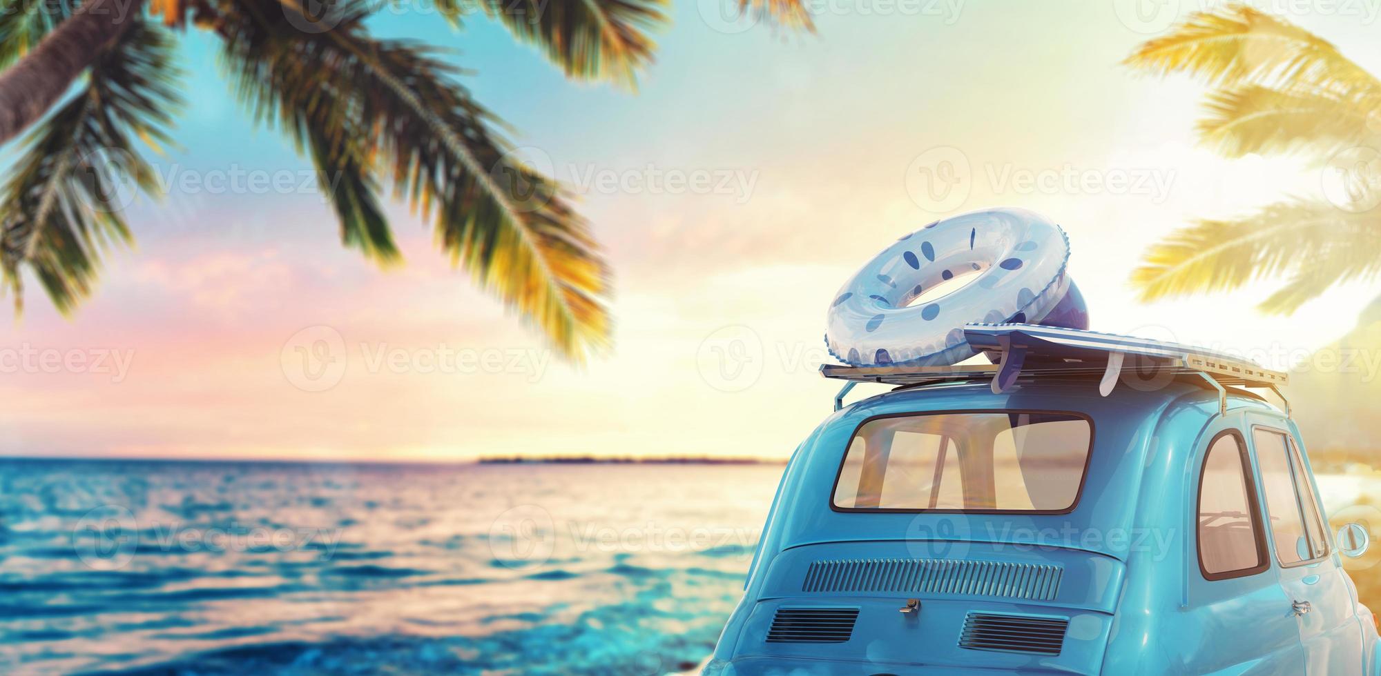 Start summertime vacation with an old car on the beach. 3D Rendering photo