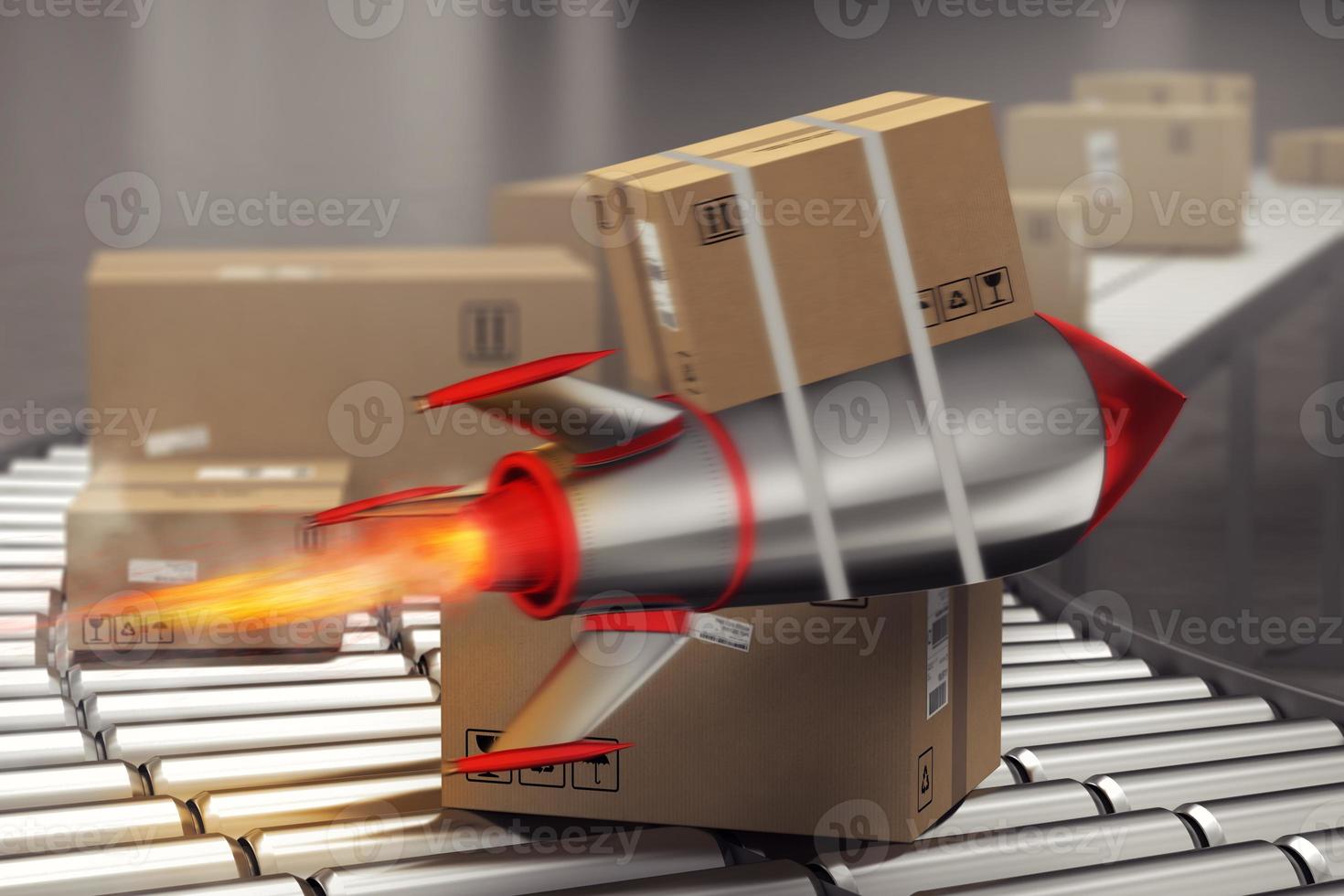 Package starts to fly fast like a rocket. concept of priority shipping photo