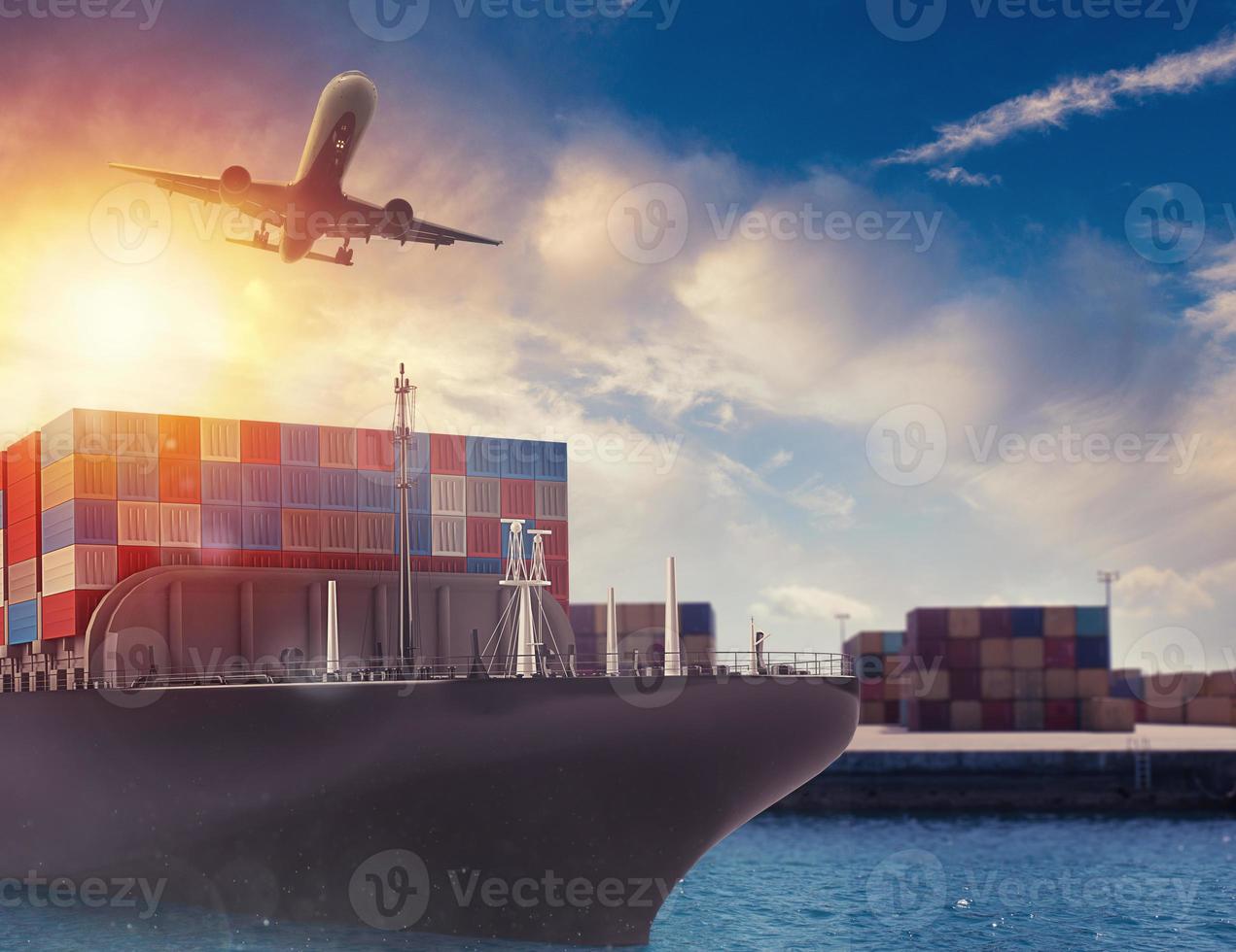 Cargo ship and airplane at the port ready to travel with packages. 3d rendering photo