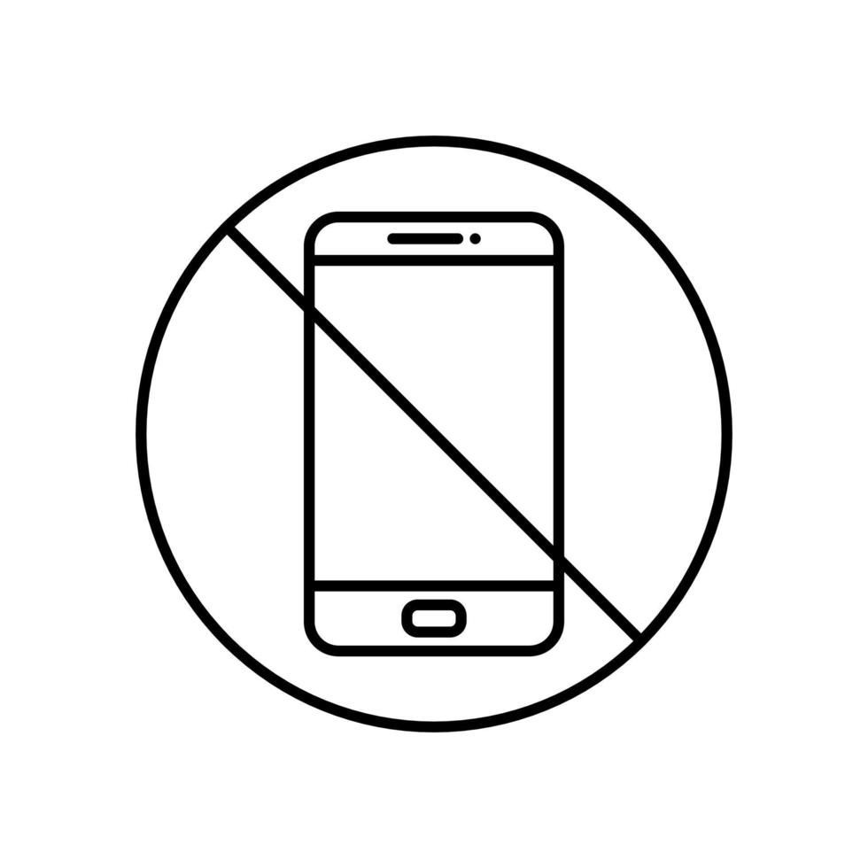 No cell phone, turn off phone, do not use mobile phone, mobile not allowed icon in line style design isolated on white background. Editable stroke. vector