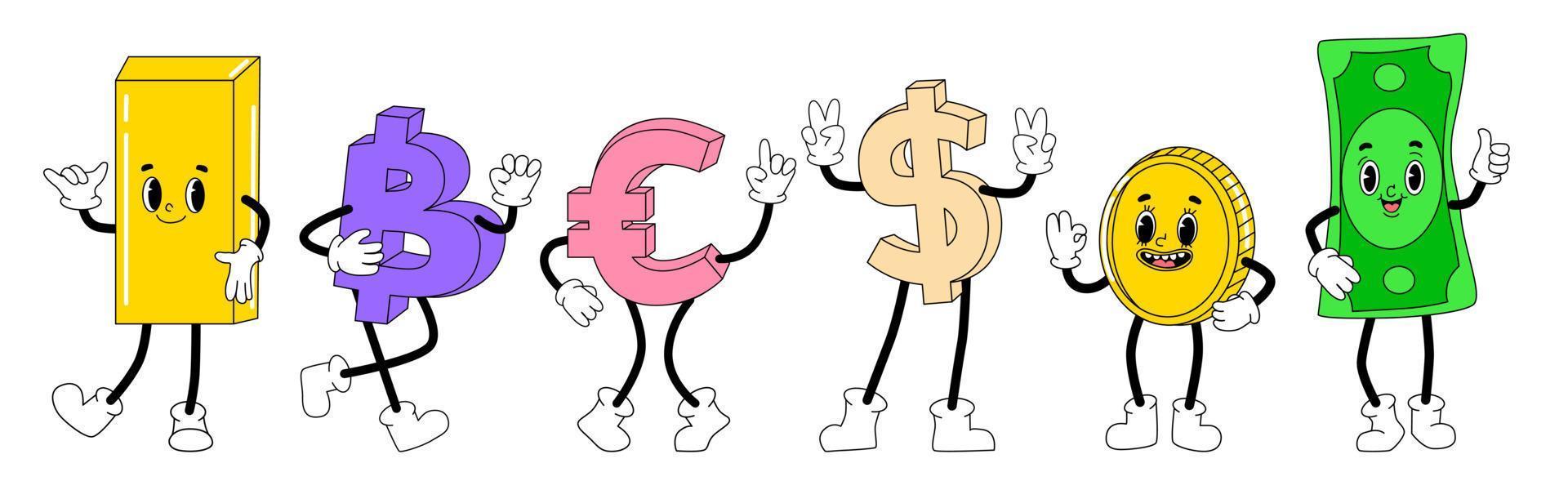 Cute funny banknotes and coins humanized characters showing various money and finance concept cartoon vector Illustrations. Dollar, Euro, Gold bar in cartoon groovy style. Humanlike branding mascots