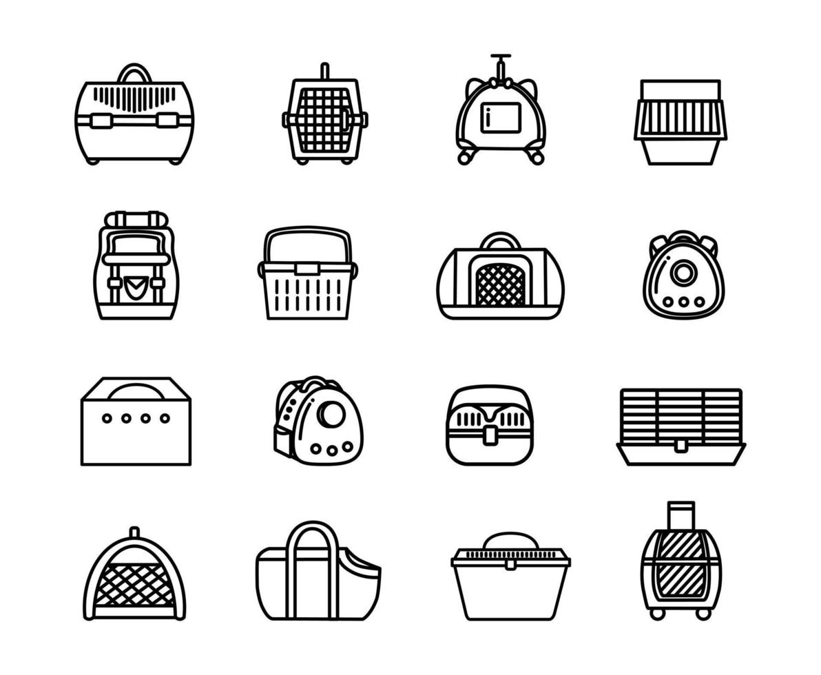 Set of icons of different carriers, cages, bags, backpacks, box for domestic pets cat, dog, rabbit, guinea pig, hamster, reptiles. Accessorises for transportation. Vector illustration in line style