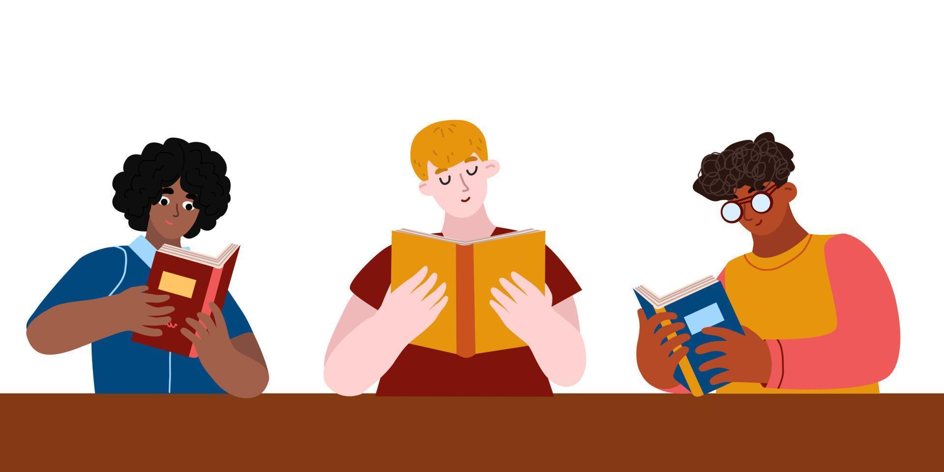 Diverse of three guys are reading books. Young multi-culture people african, hispanic, indiian, caucasian sit in literature club. Vector illustration in cartoon style