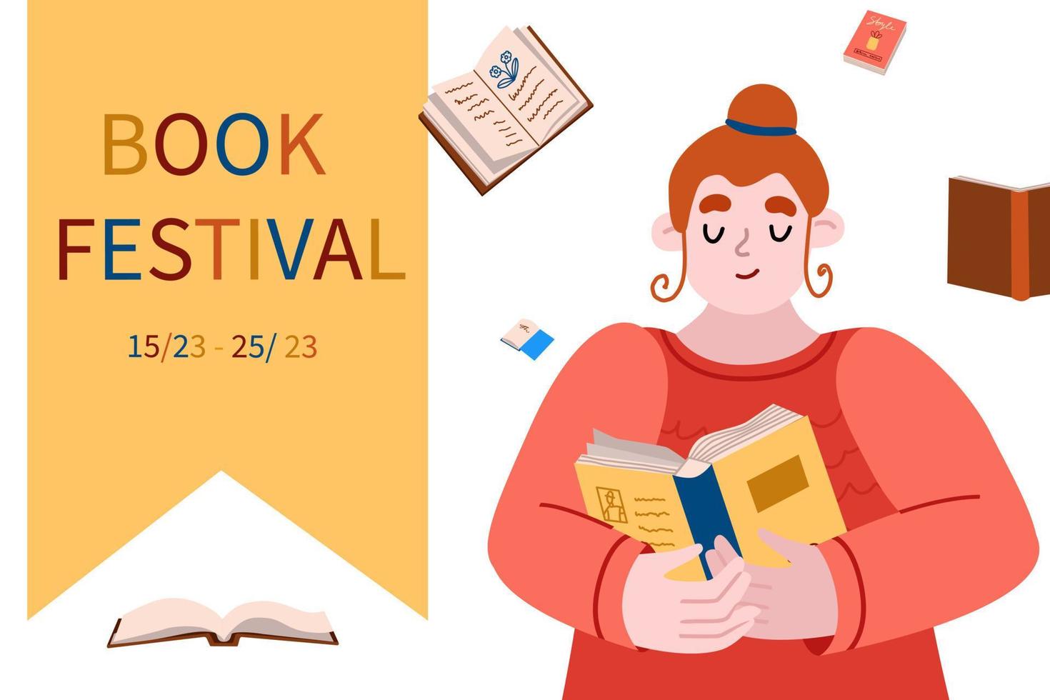 Book festival banner. Young woman reading a book. Poster about literature in vector, flat, cartoon style vector