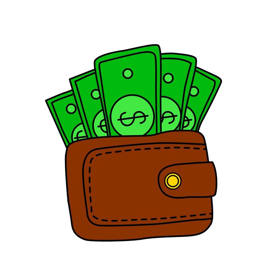 Wallet full of money. Cash business dollar icon. Vector illustration in cartoon doodle style