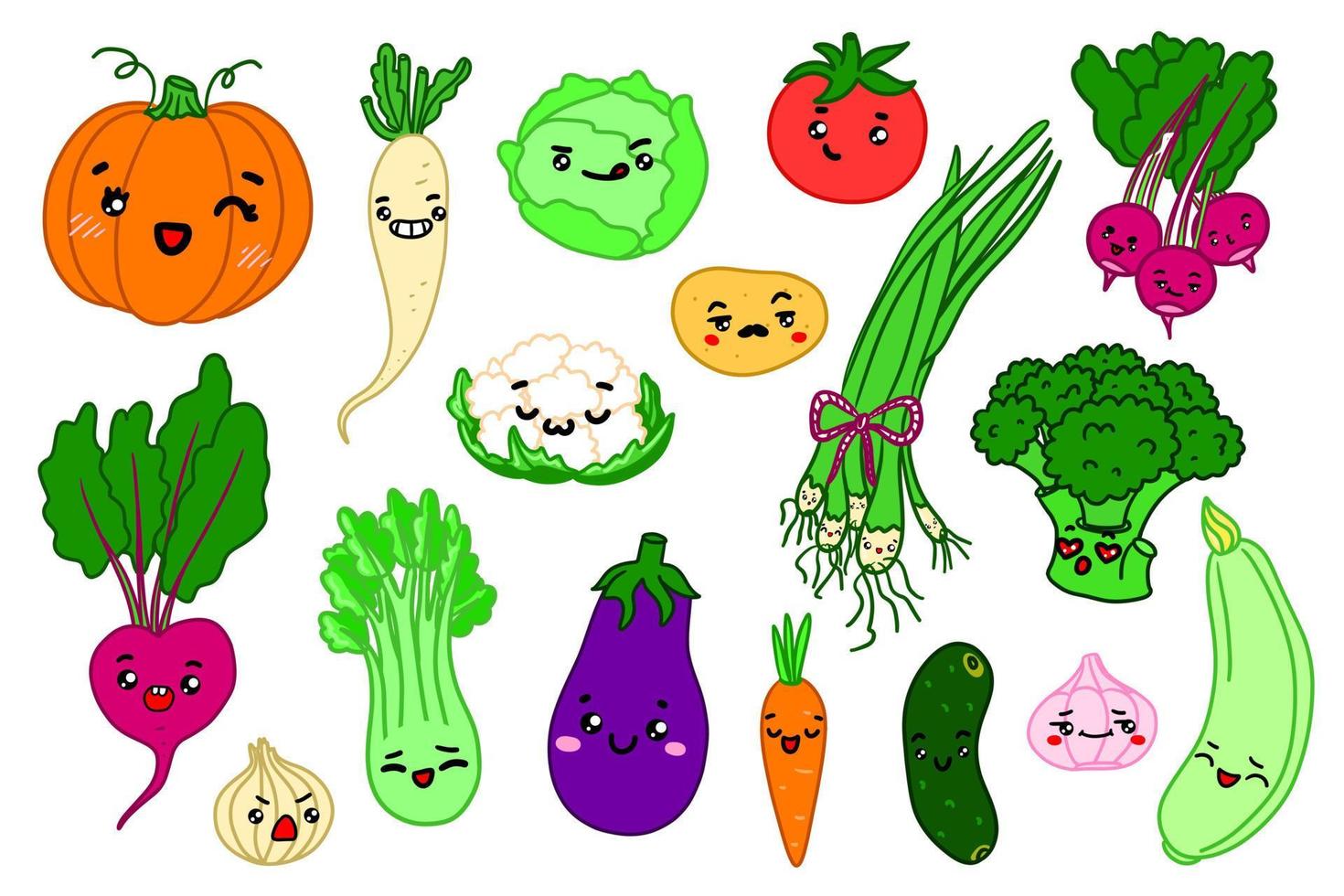 Cartoon vegetable characters. Cute vector illustration about healthy lifestyle. Happy carrot, pumpkin, cauliflower, cabbage, potato, broccoli