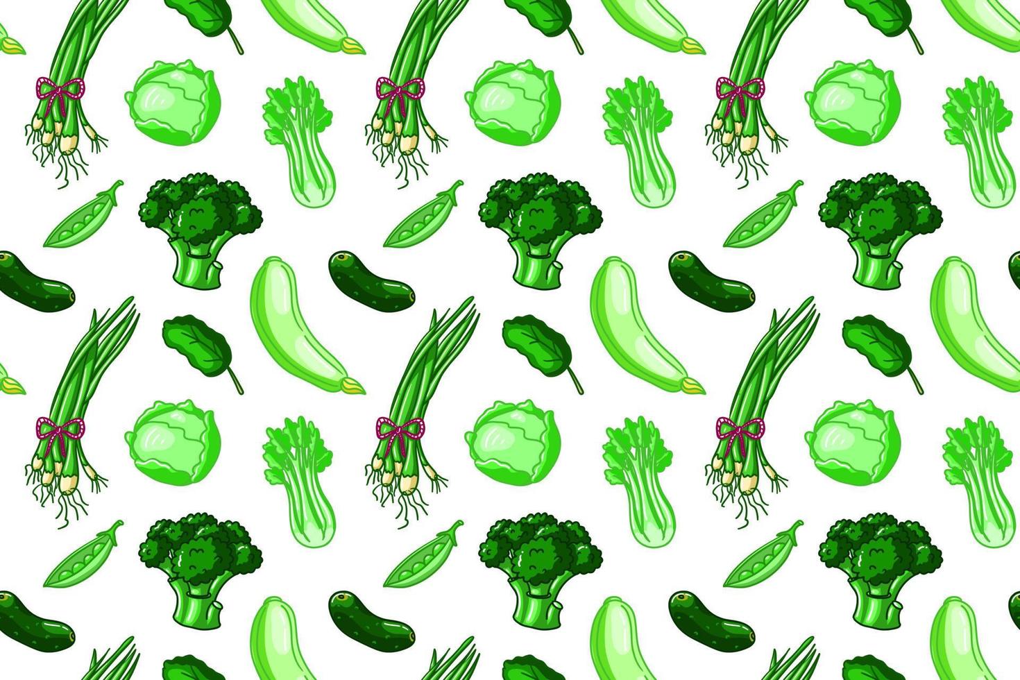 Green food seamless pattern. Vegetarian vegan wallpaper. Health illustration wuth onion, cabbage, broccoli, squash, celery vector