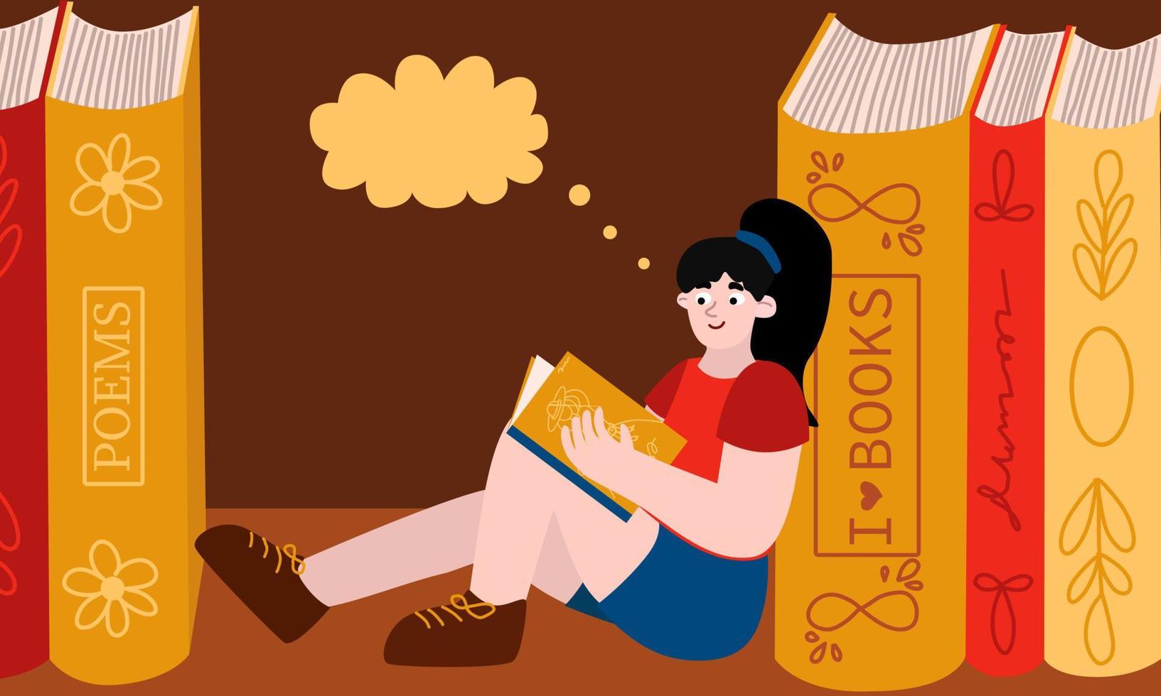 A young girl sits on a shelf between huge books. Her hobby is reading. Vector concept in cartoon flat style