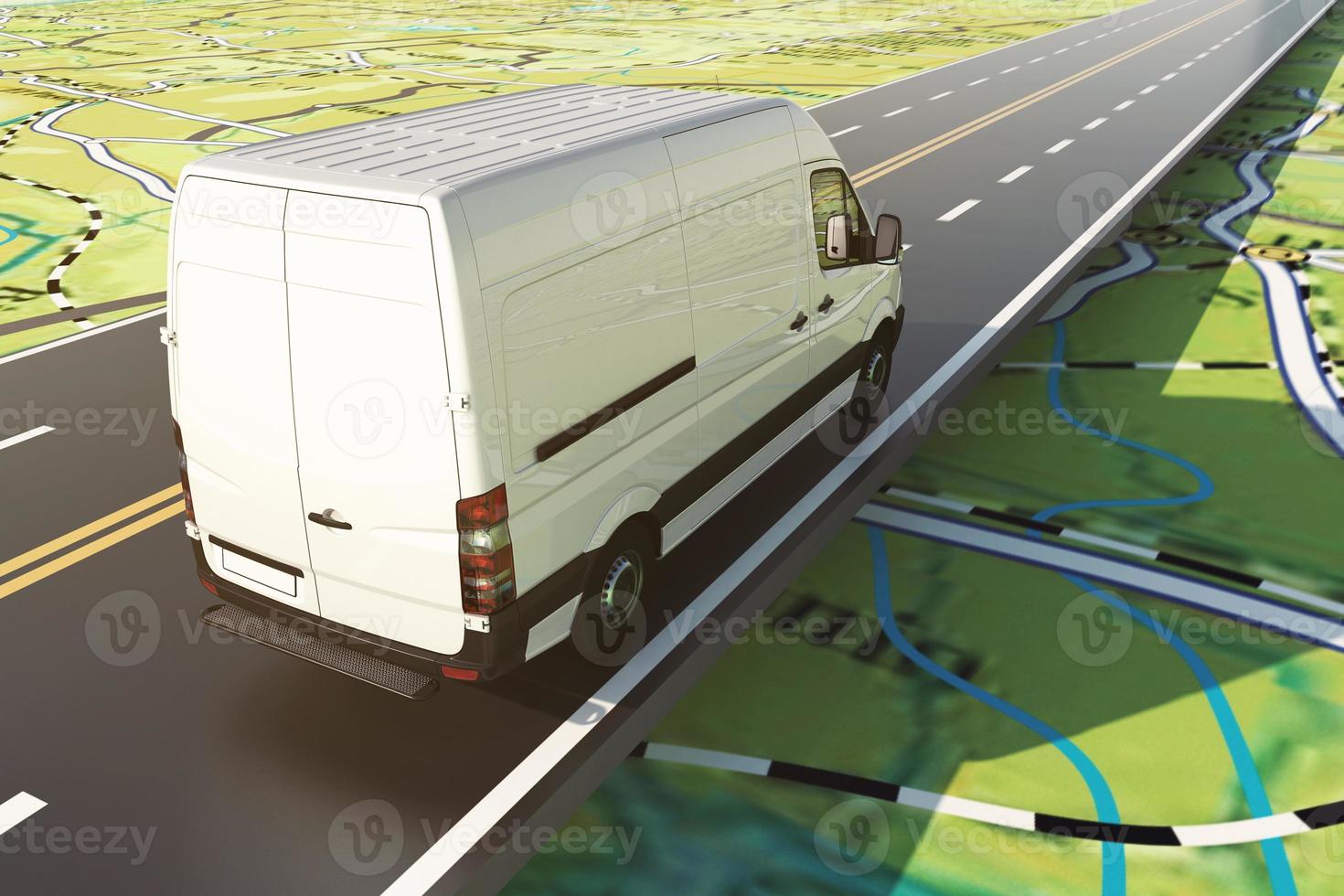 Delivery van runs along the highway on a road map. 3D Rendering photo