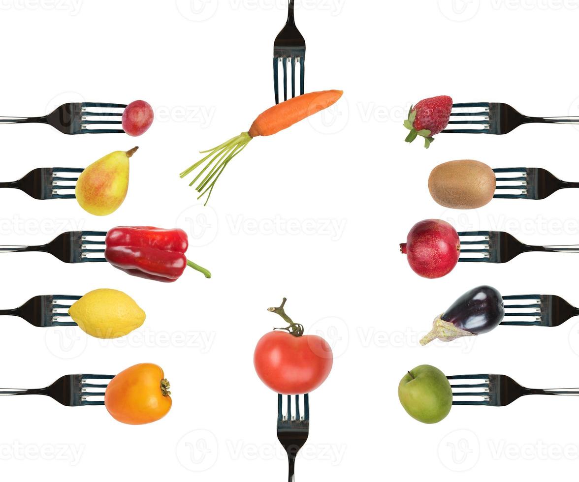 Background of forks with various vegetables and fruits photo