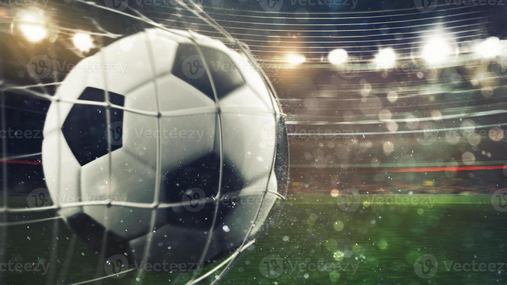 Soccer ball scores a goal on the net. 3D Rendering photo