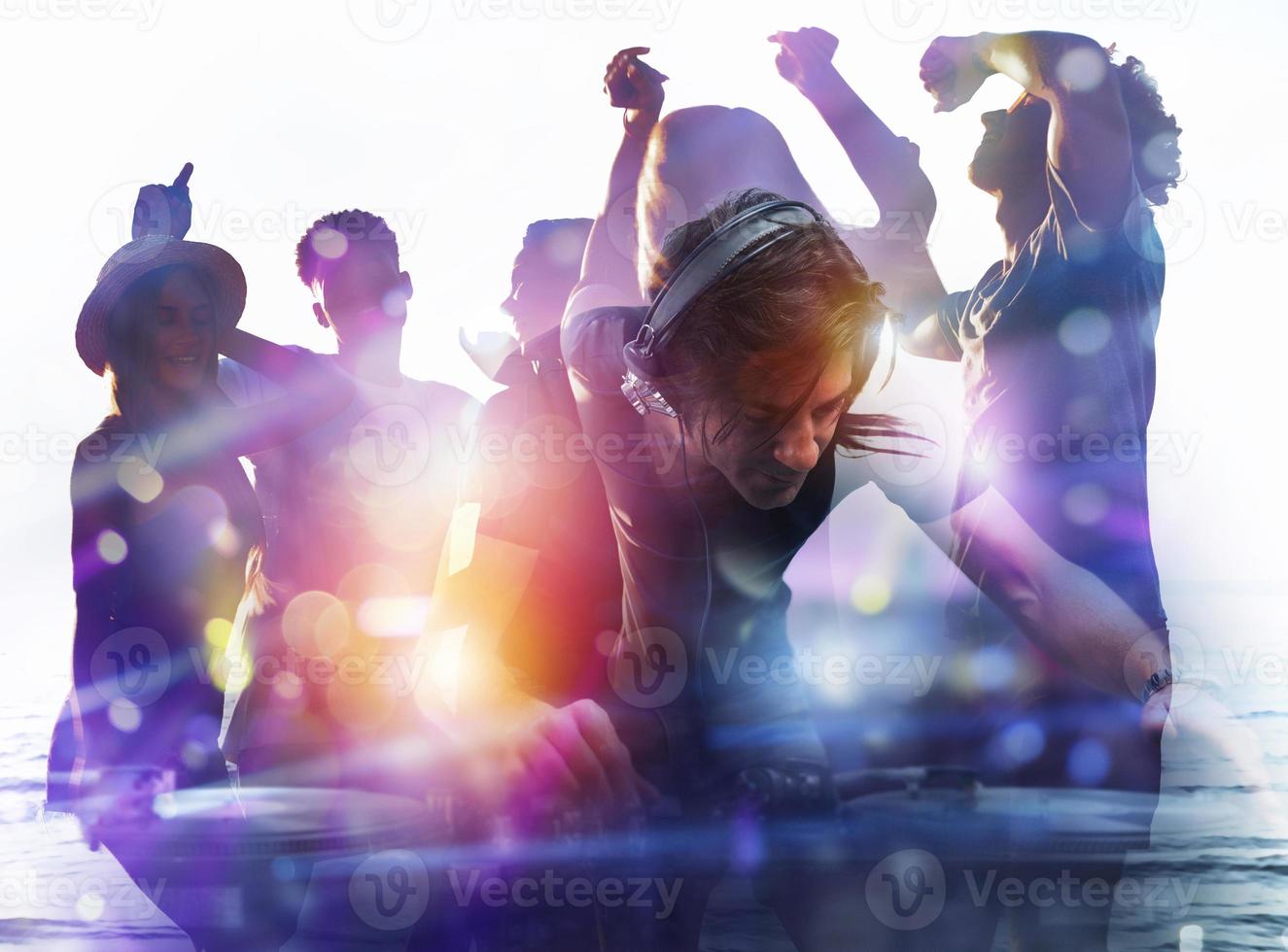 DJ playing music at the discotheque. Double exposure photo