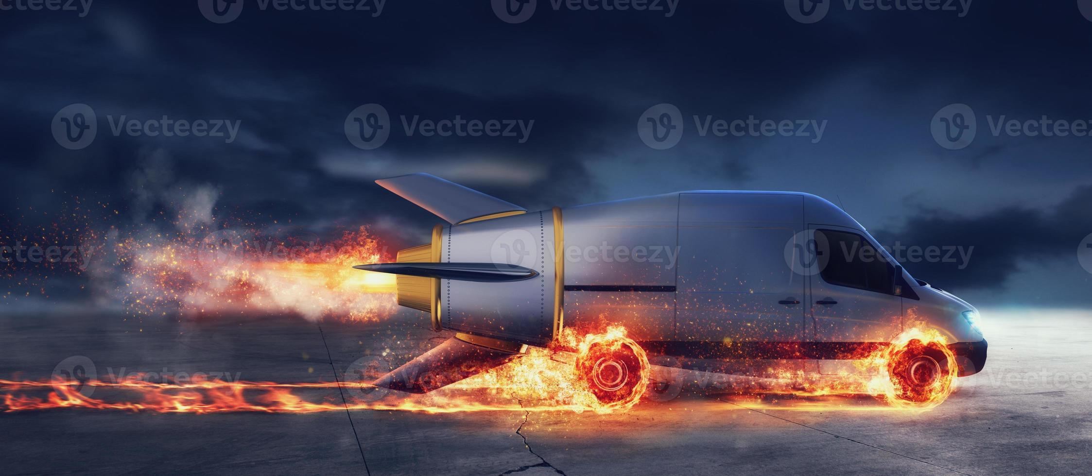 Super fast delivery of package service with van like a rocket with wheels on fire photo