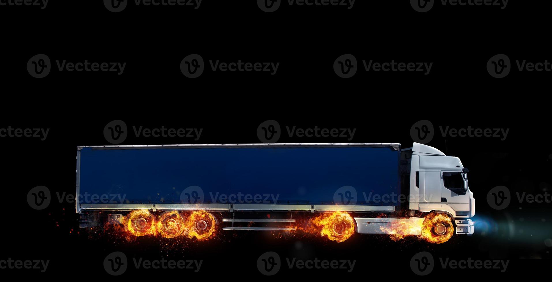 Super fast delivery of package service with a truck with wheels on fire photo
