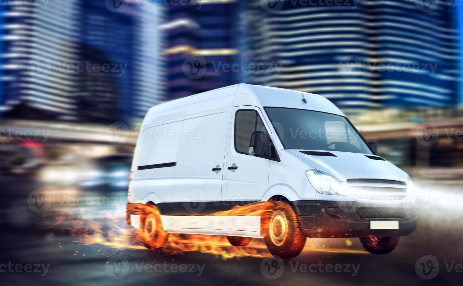 Super fast delivery of package service with van with wheels on fire. photo