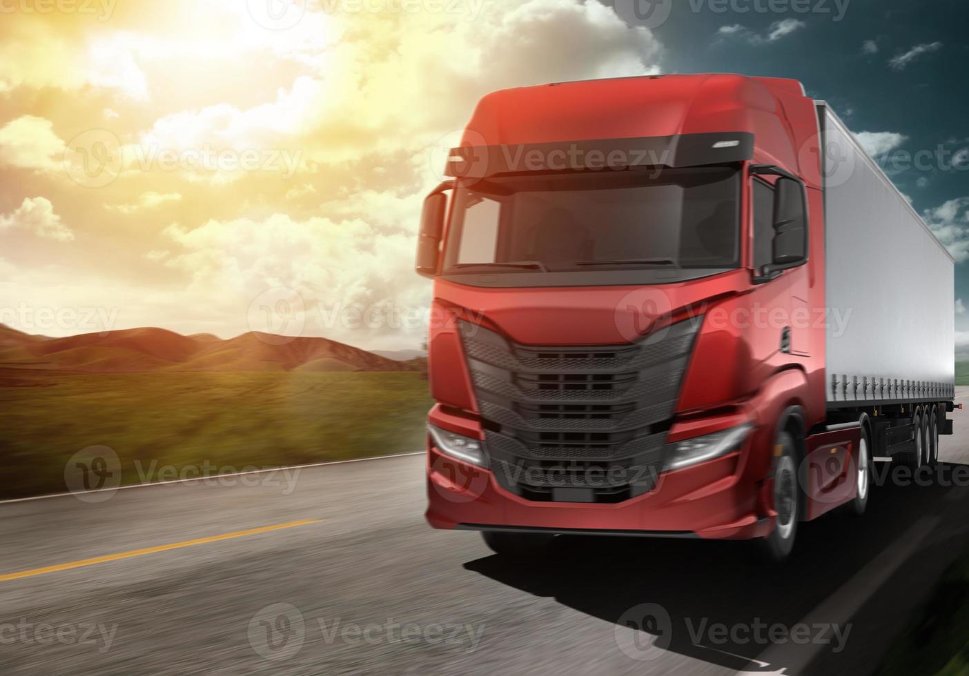 rojo moderno camión Moviente rápido en el la carretera a puesta de sol con natural paisaje foto