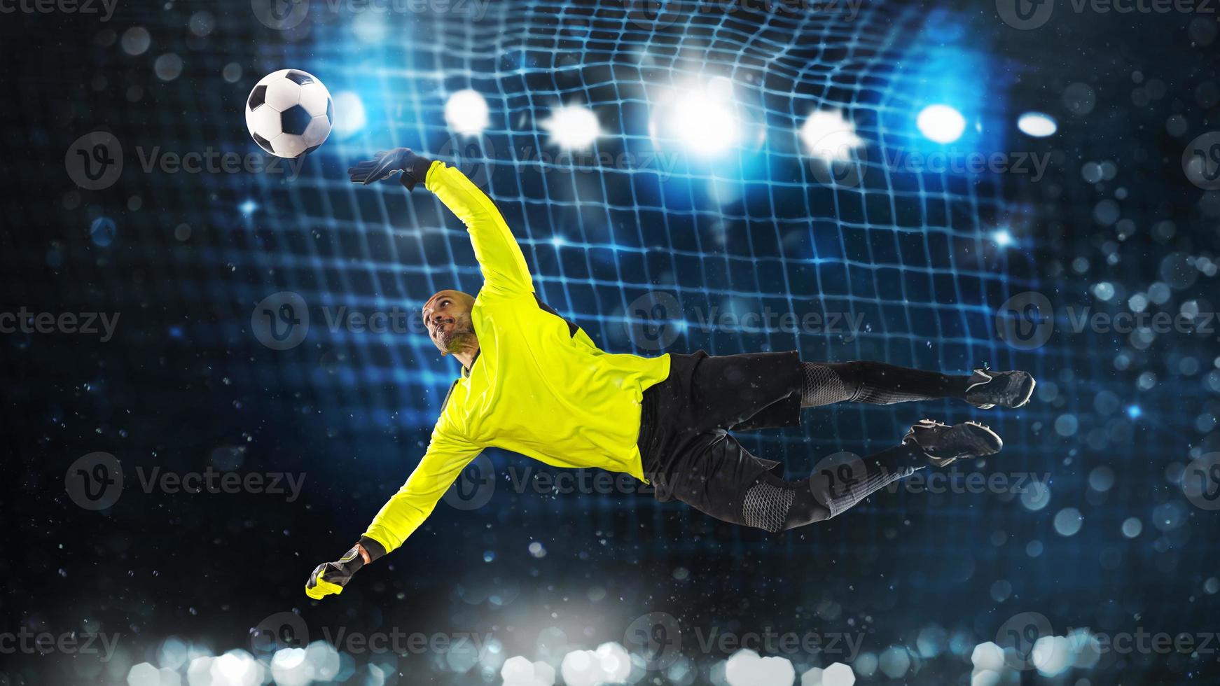fútbol portero, en fluorescente uniforme, ese hace un genial salvar y evita un objetivo en un oscuro azul antecedentes foto