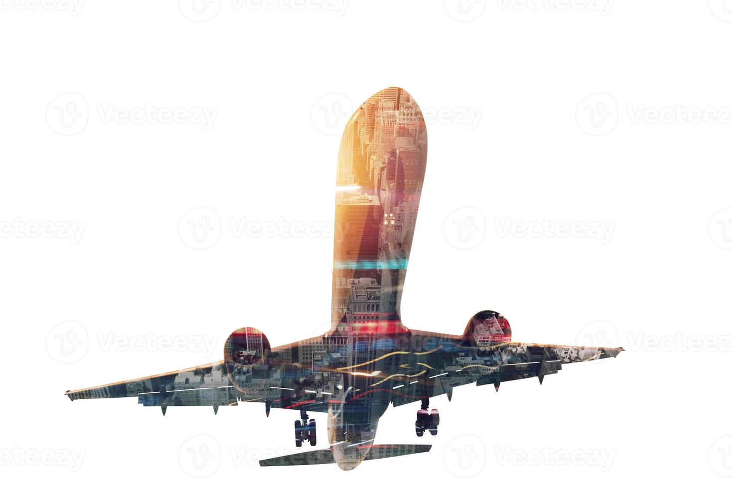 Take off of an aircraft with double exposure of airport photo