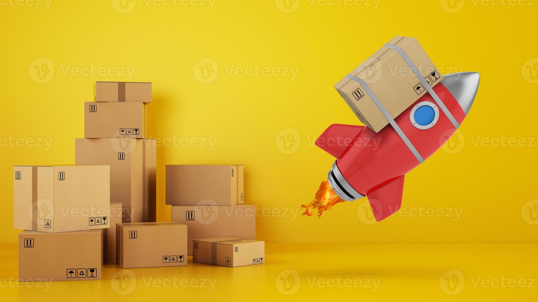 Rocket with attached package is ready to start. Concept of fast and priority delivery. Yellow background. 3D illustration photo