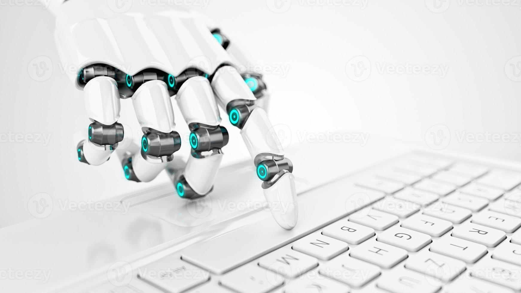 Futuristic white cyborg hand pressing a key on a keyboard photo