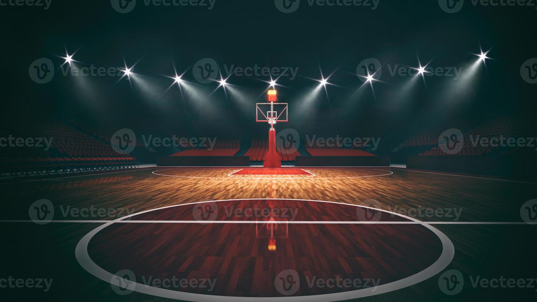 Interior view of an illuminated basketball stadium for a game photo