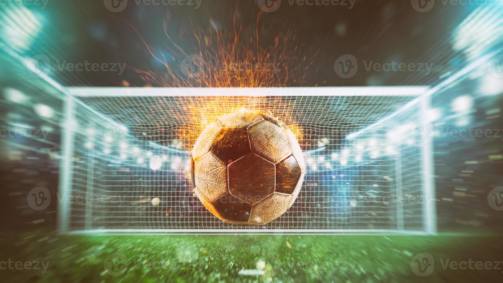 Close up of a fiery soccer ball kicked with power at the stadium scoring a goal photo