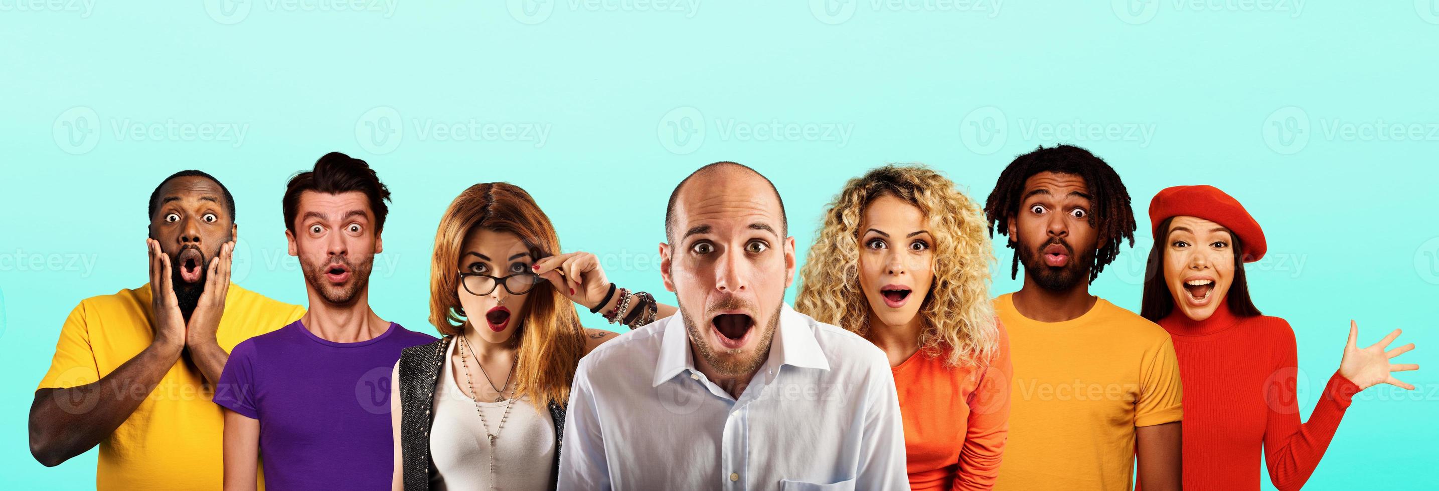 People with wondered, surprised and happy expression are shocked for new revelation . Cyan background photo