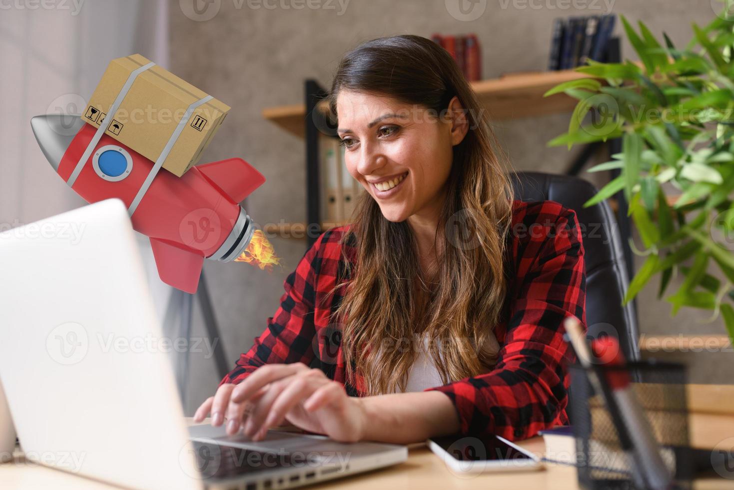 Woman does shopping through e-commerce online shop. Package goes quick like a rocket. Concept of fast delivery photo