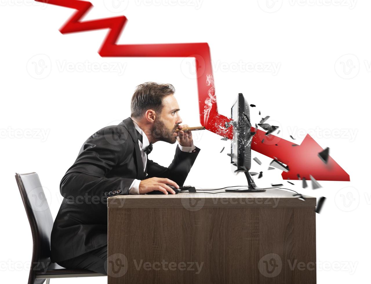 Businessman look the negative report of his company. A red arrow breaks the screen photo