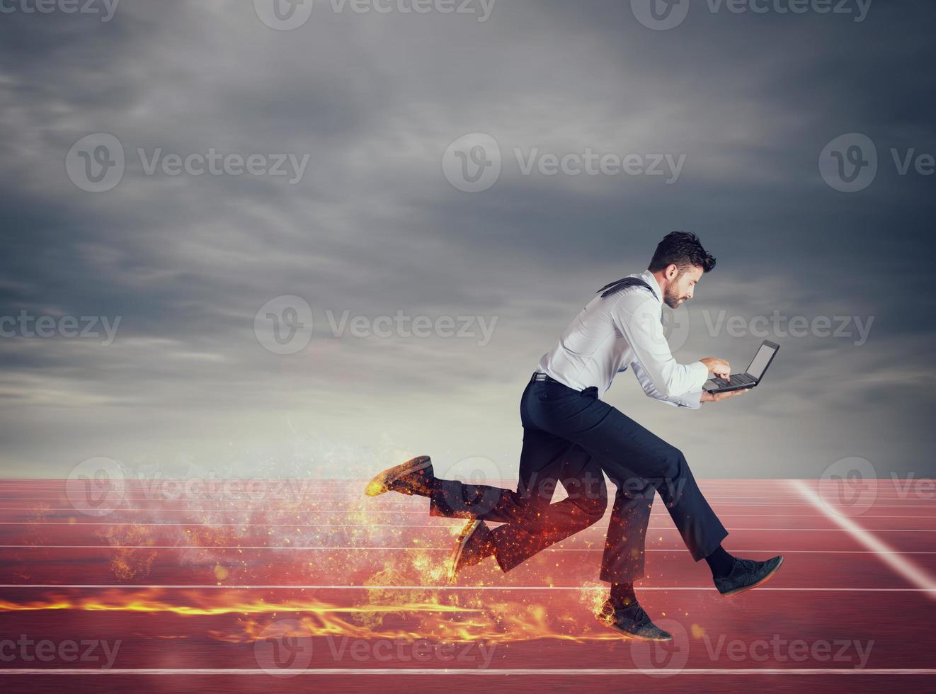 Businessman with four legs runs with too many tasks on laptop. Concept of competition and success photo