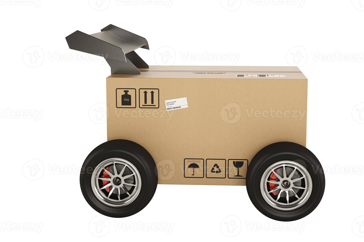 Cardboard package on a trolley with wheels. concept of fast and express delivery. 3d render photo