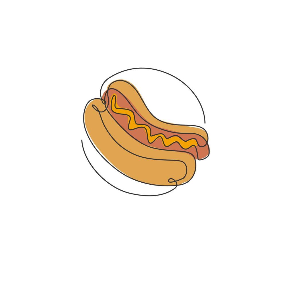 One single line drawing of fresh logo American hot dog vector illustration. Fast food sandwich cafe menu and restaurant badge concept. Modern continuous line draw design street food graphic logotype